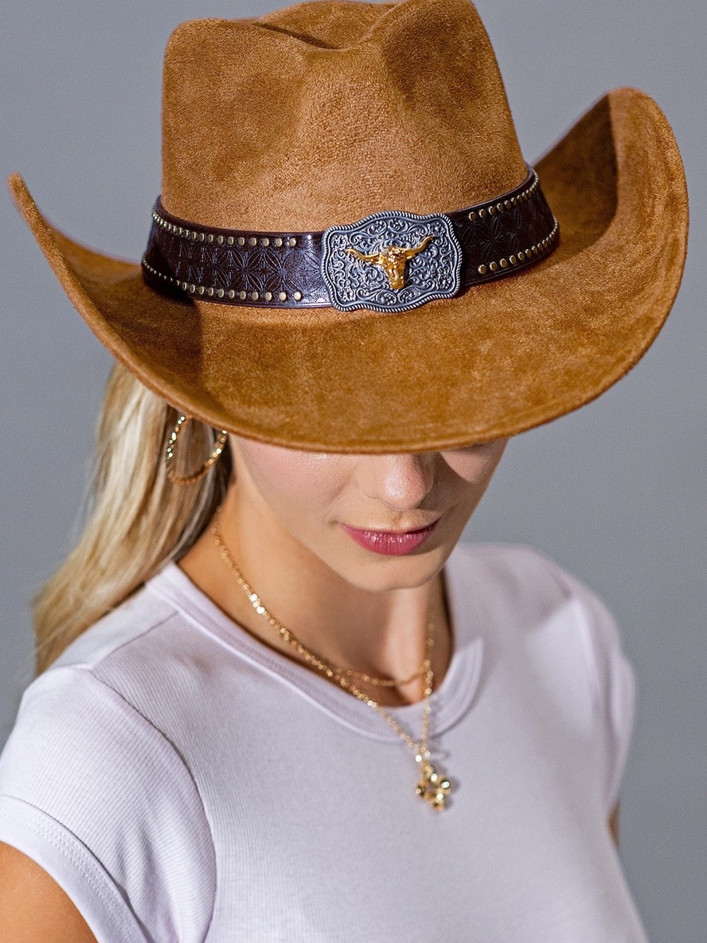 Tan Suede Western Hat with Decorative Leather Band